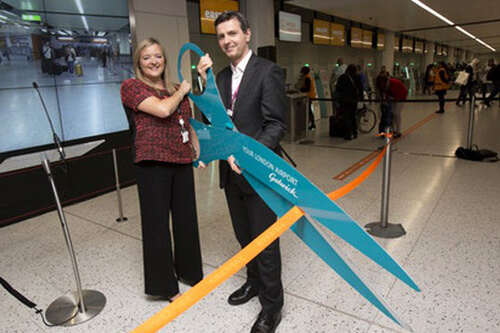 Opening of world's largest easyJet self-service bag drop area at Gatwick.